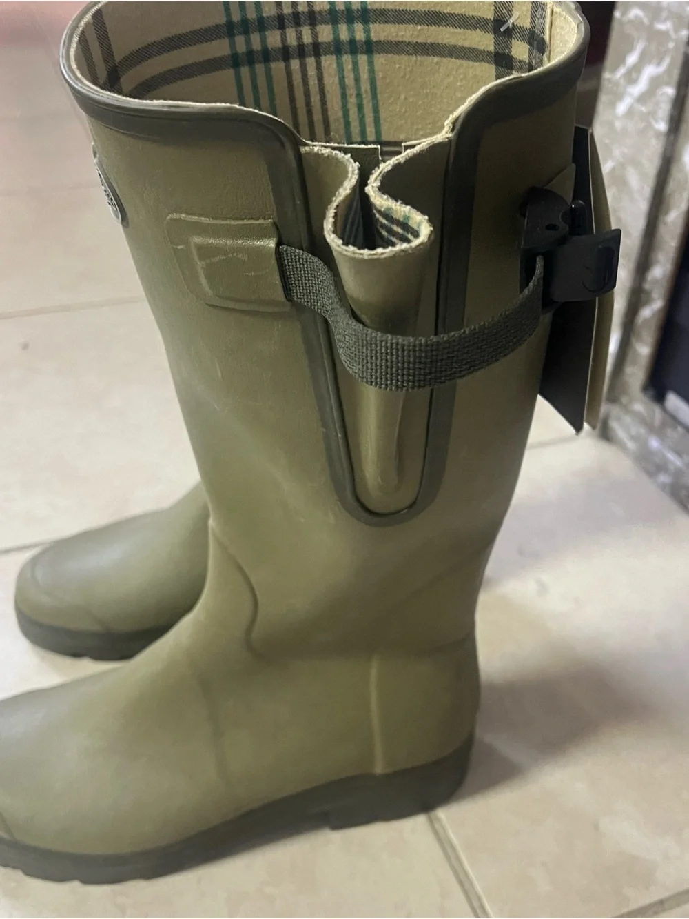 le Chameau Olive Green Waterproof Rubber Boots with Plaid Lining